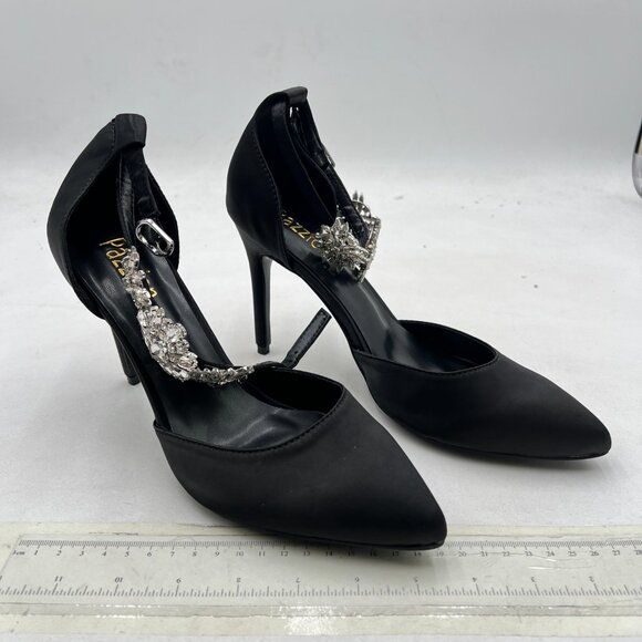 Pazzion Black Lizzie Satin Pointed Toe Rhinestone Ankle Strap D'Orsay Pump - Picture 4 of 8